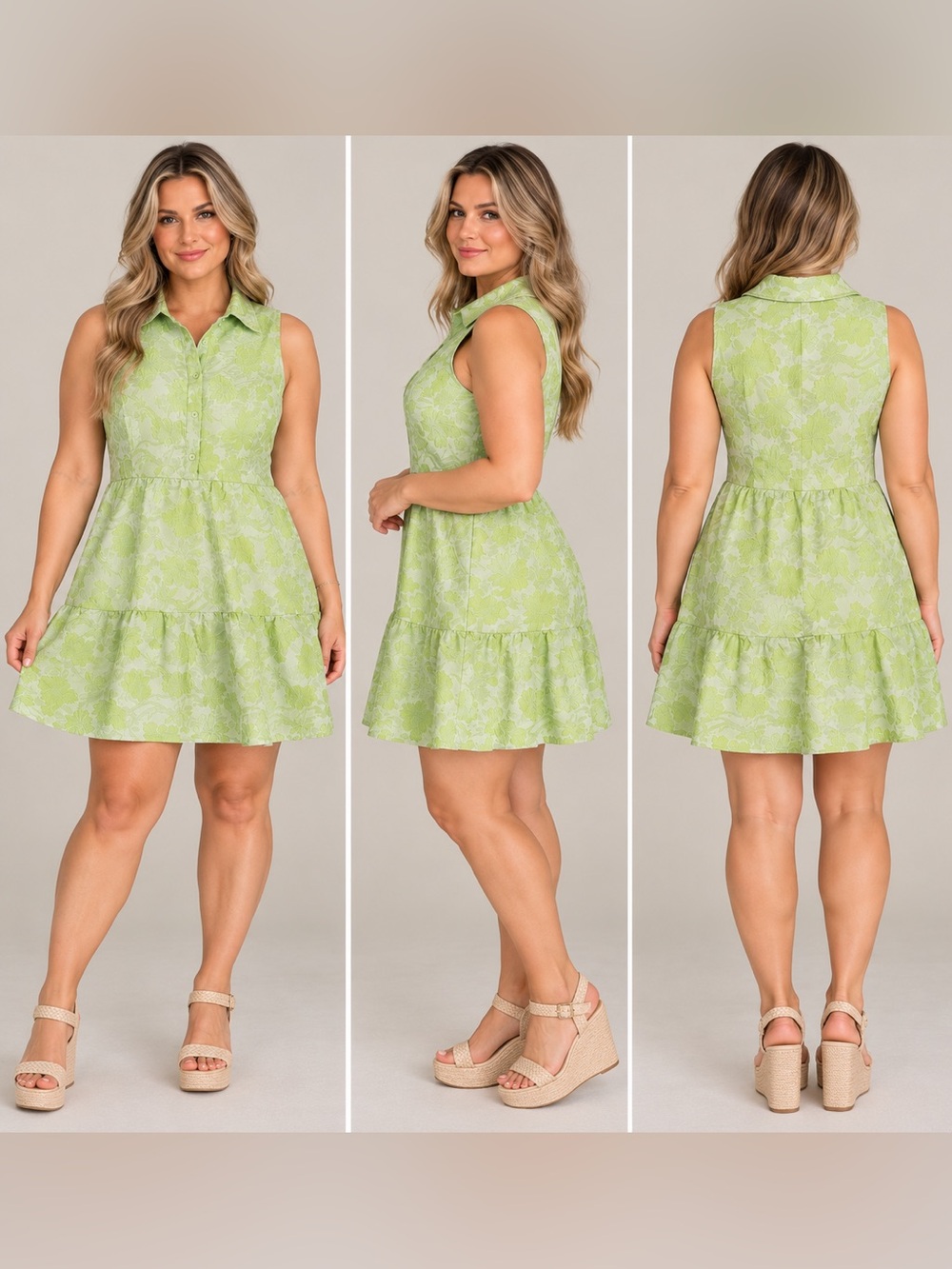 &merci Lime Green Floral Jacquard Tiered Mini Dress - Size L - Collared Babydoll